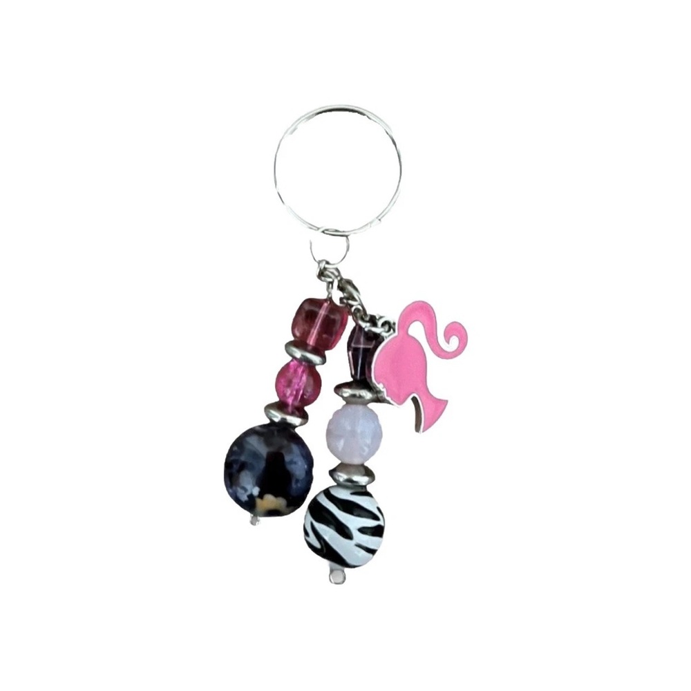 Barbie Pink Head Silhouette Charm Beaded Bag Charm Zebra Print Accessory